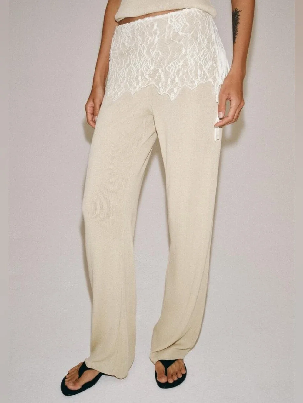 ZARA LACE RIBBED PAREO PANTS CREAM